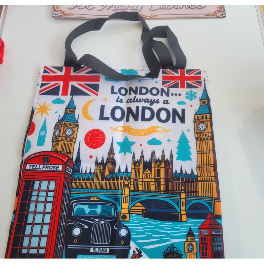 London Theme Tote Bag with Big Ben, Tower Bridge, Red‎ Telephone Booth, British. - Picture 9 of 10